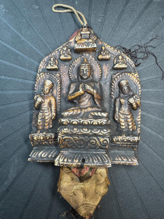 Vintage Himalayan Buddhist Brass Hanging Buddha Relief Altar Plaque with Brocade Back