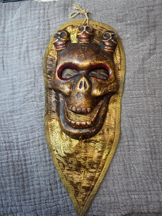 Vintage Himalayan Mahakala Skull Mask Wall Hanging, Hand Painted Papier Mâché Ritual Mask, Tibetan Buddhist Protector Decor, Temple