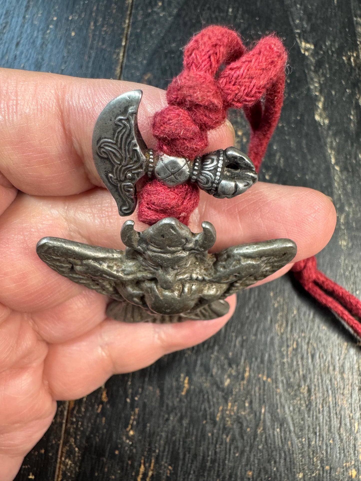Vintage Cold Iron Garuda Pendant Necklace, Charnel Ground Style Amulet, Tibetan Inspired Thokcha Pendant, Citipati Bead & Ritual Axe Charm