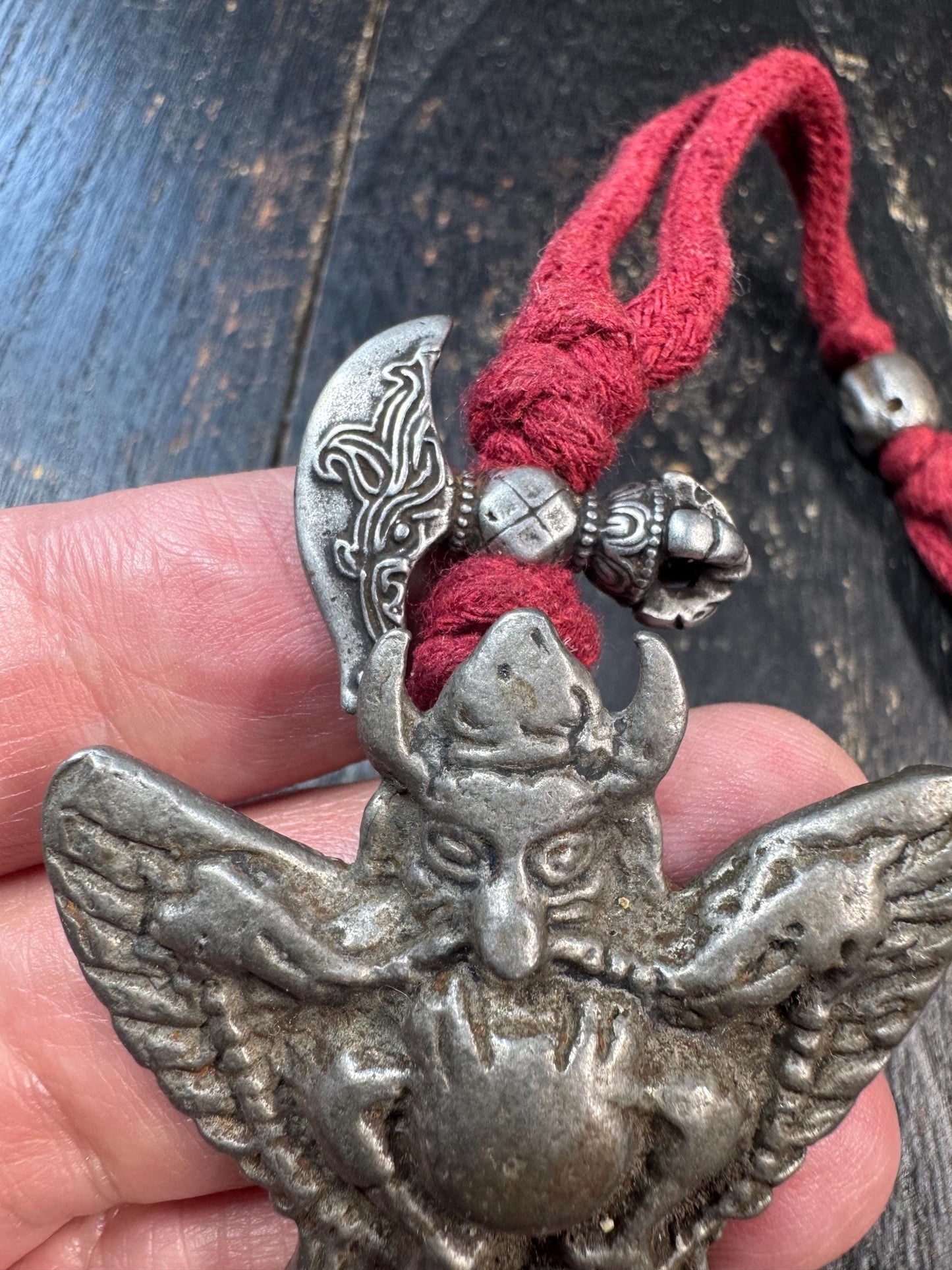 Vintage Cold Iron Garuda Pendant Necklace, Charnel Ground Style Amulet, Tibetan Inspired Thokcha Pendant, Citipati Bead & Ritual Axe Charm