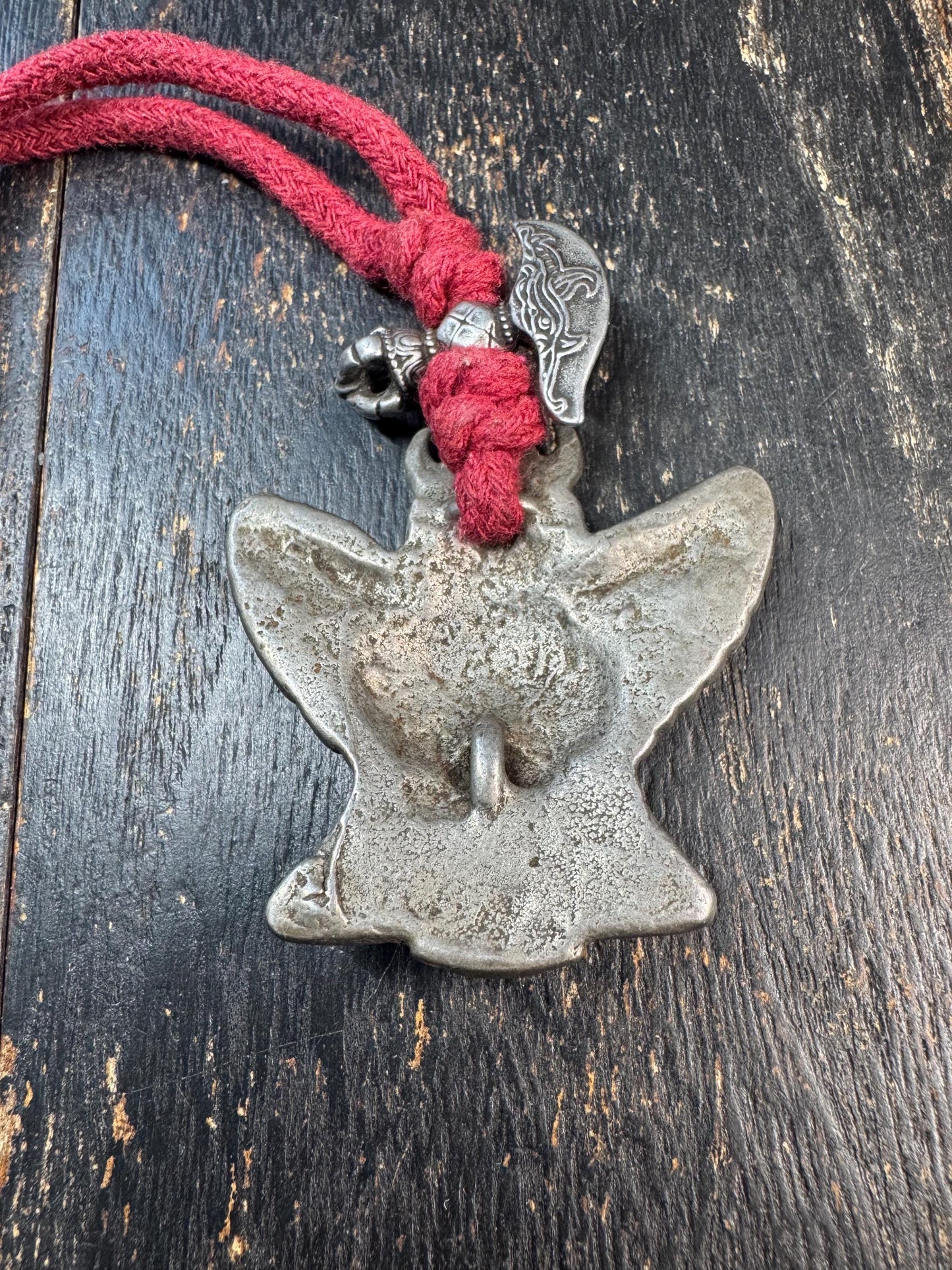 Vintage Cold Iron Garuda Pendant Necklace, Charnel Ground Style Amulet, Tibetan Inspired Thokcha Pendant, Citipati Bead & Ritual Axe Charm
