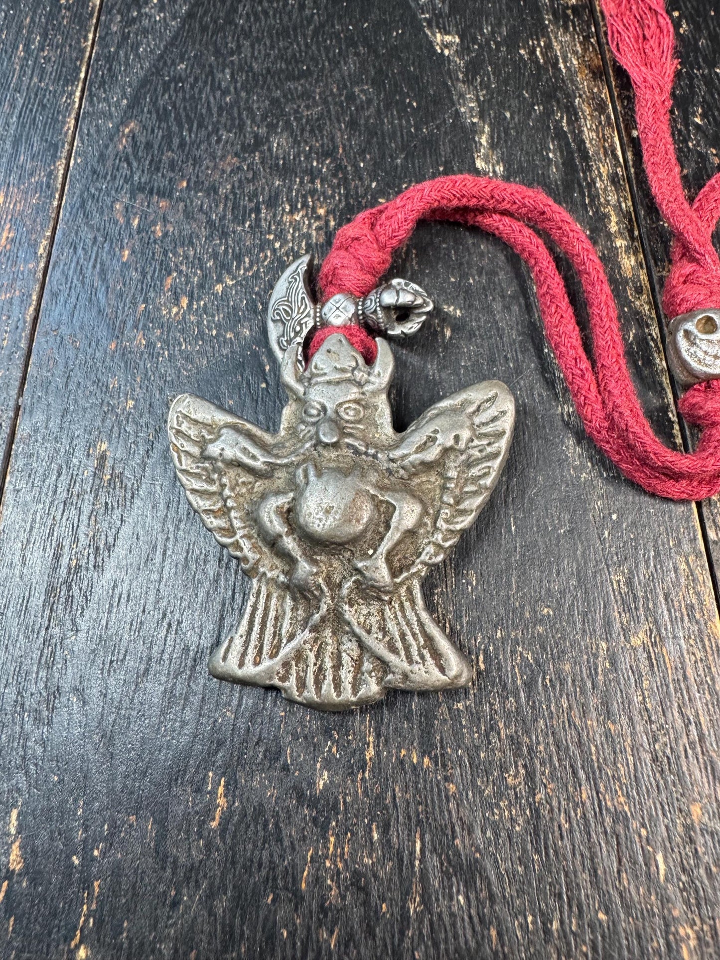 Vintage Cold Iron Garuda Pendant Necklace, Charnel Ground Style Amulet, Tibetan Inspired Thokcha Pendant, Citipati Bead & Ritual Axe Charm