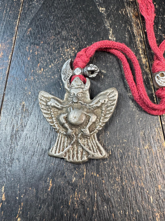 Vintage Cold Iron Garuda Pendant Necklace, Charnel Ground Style Amulet, Tibetan Inspired Thokcha Pendant, Citipati Bead & Ritual Axe Charm