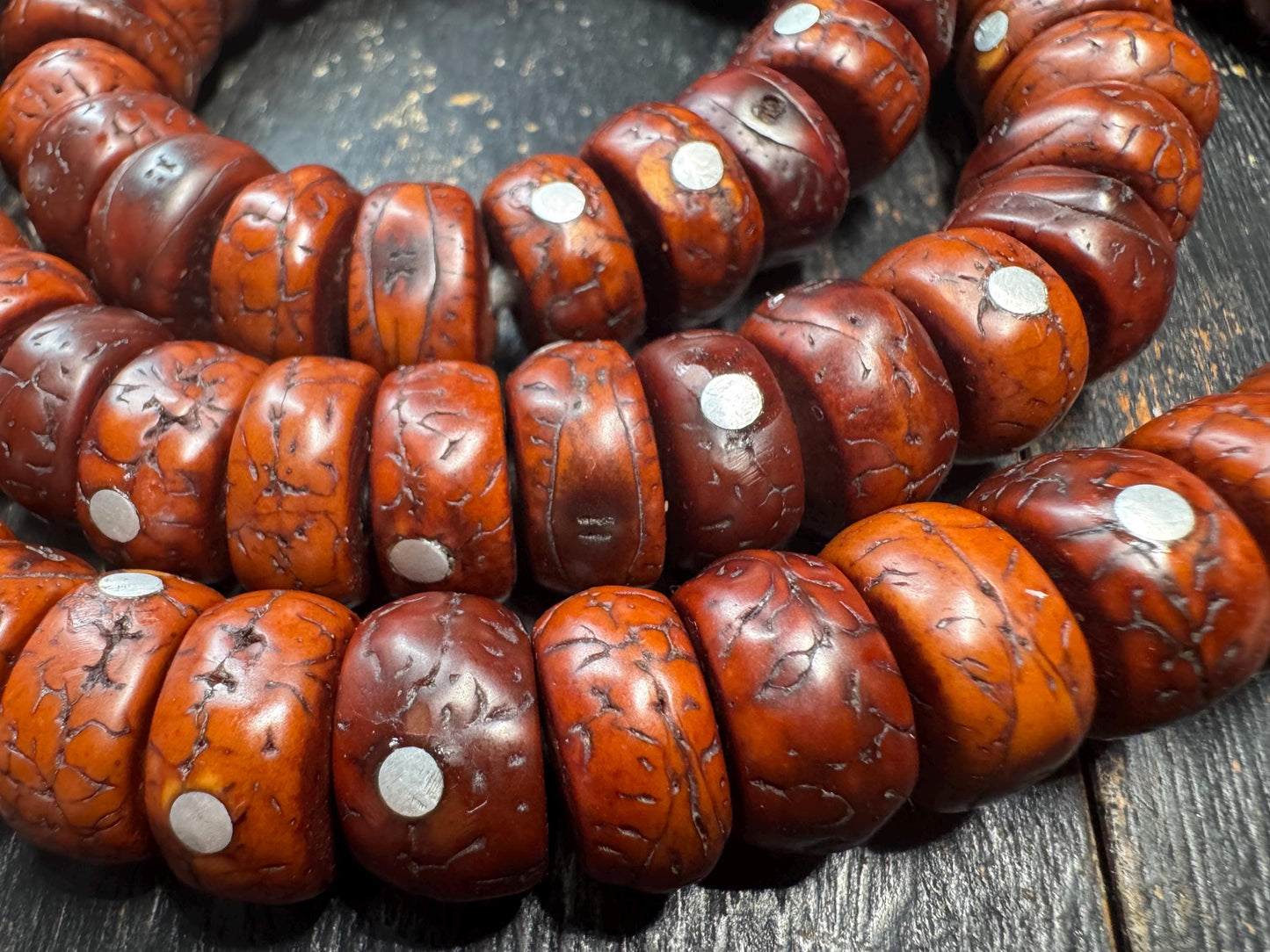 108 Phoenix Eye Bodhi Seed Mala with Metal Inlay, Vintage Style Tibetan Prayer Beads Necklace, 36 Inch Buddhist Mala
