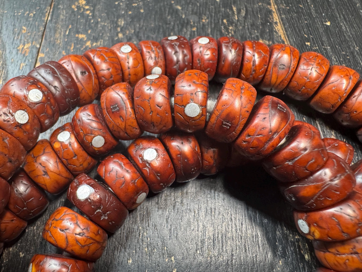 108 Phoenix Eye Bodhi Seed Mala with Metal Inlay, Vintage Style Tibetan Prayer Beads Necklace, 36 Inch Buddhist Mala