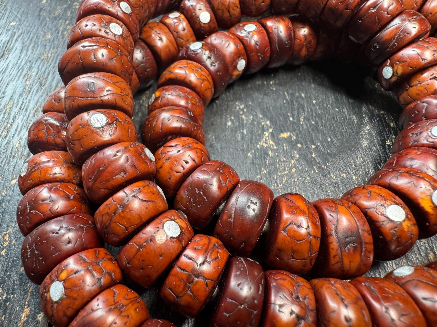 108 Phoenix Eye Bodhi Seed Mala with Metal Inlay, Vintage Style Tibetan Prayer Beads Necklace, 36 Inch Buddhist Mala