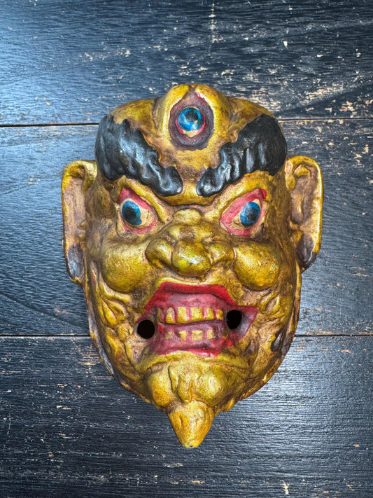 Vintage Himalayan Metal Protector Mask – Hand Painted Tibetan Nepal Ritual Wall Hanging Decor