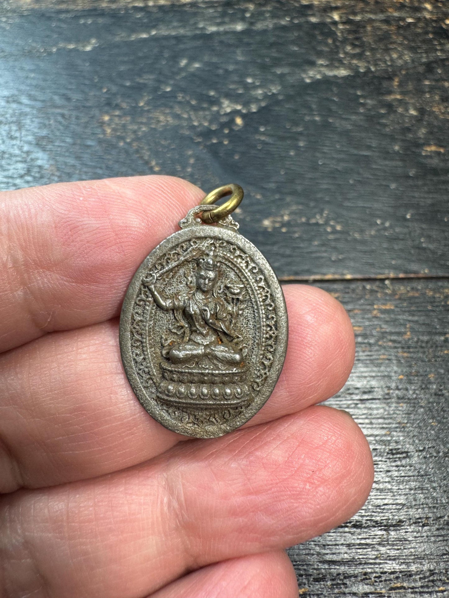 Vintage Tibetan Manjushri Cold Iron Pendant – Himalayan Buddhist Amulet with Om Mani Padme Hum Mantra