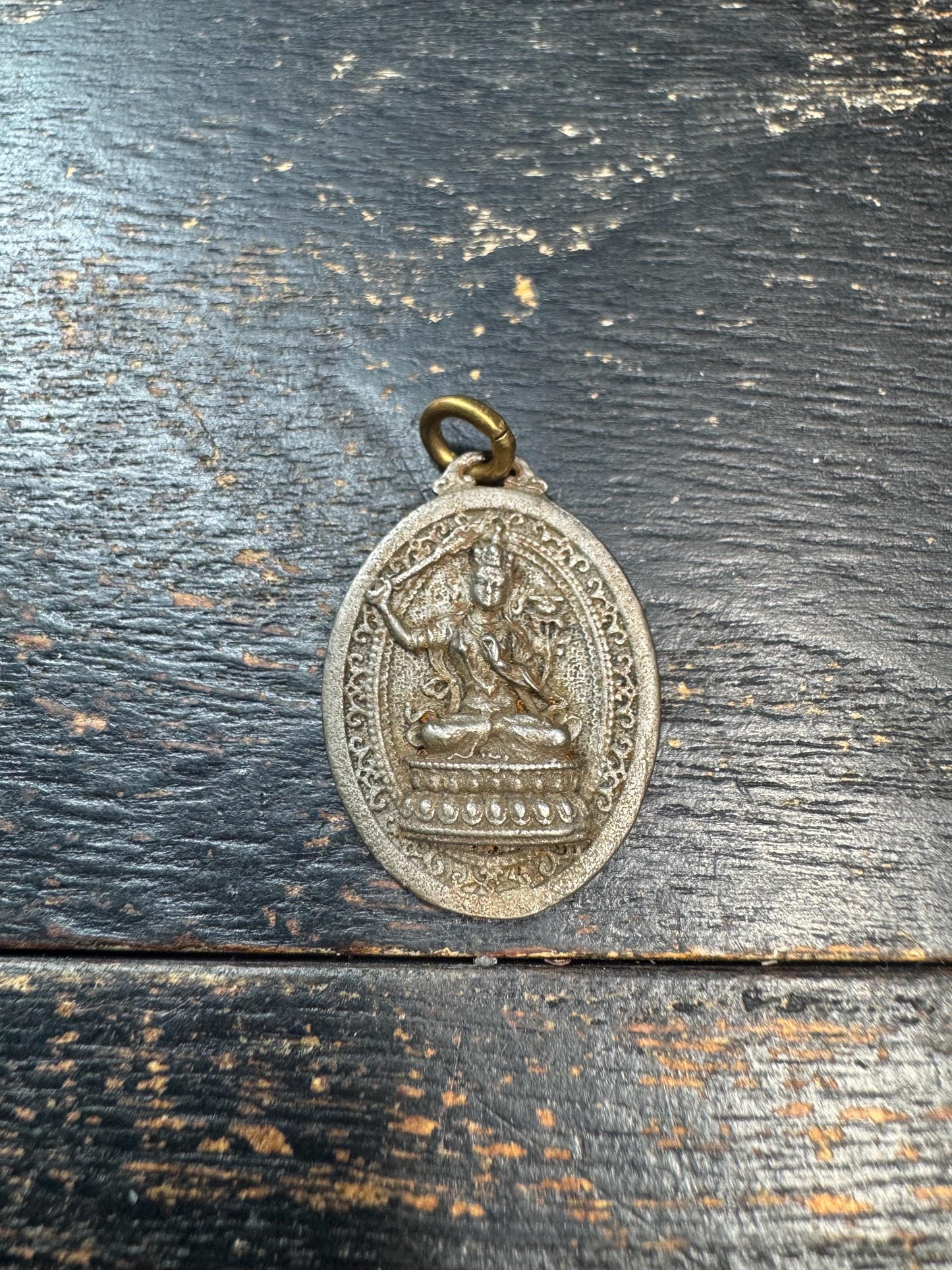 Vintage Tibetan Manjushri Cold Iron Pendant – Himalayan Buddhist Amulet with Om Mani Padme Hum Mantra