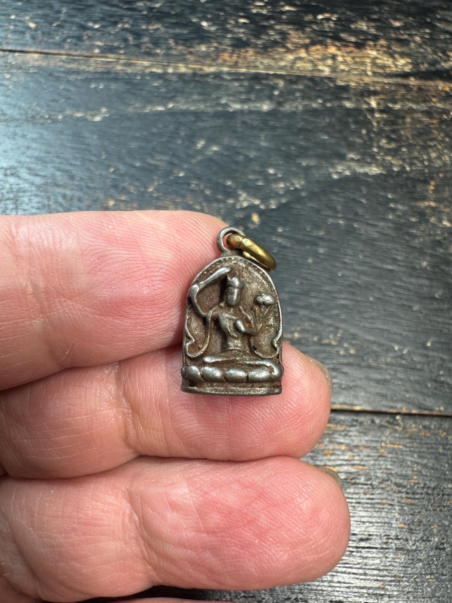 Vintage Himalayan Cold Iron Buddhist Pendant Amulet | Mini Seated Deity Charm | Rustic Protective Talisman