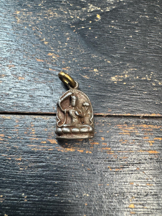 Vintage Himalayan Cold Iron Buddhist Pendant Amulet | Mini Seated Deity Charm | Rustic Protective Talisman