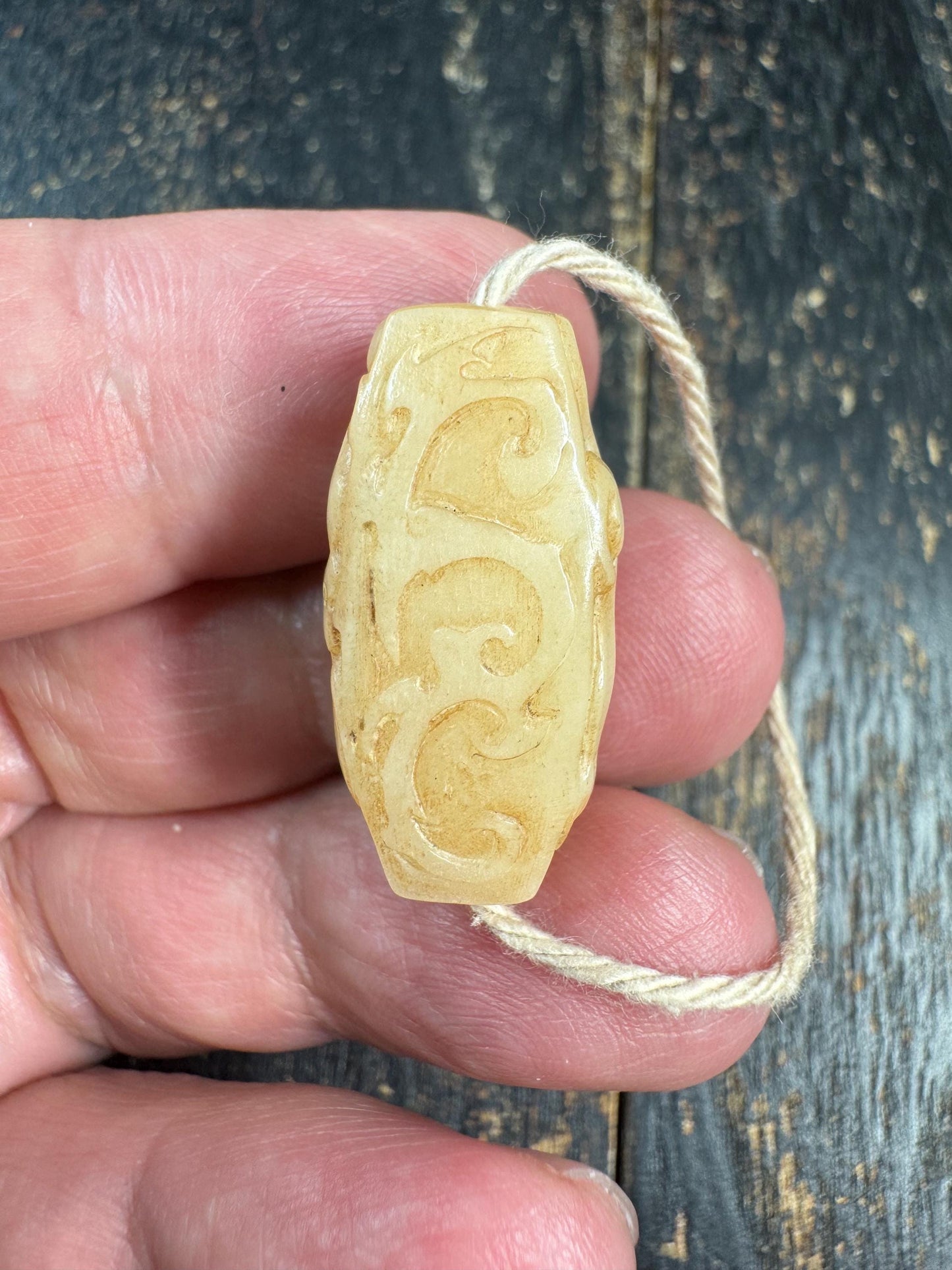 Hand Carved Yak Bone Dragon Cloud Bead, Tibetan Style Coiled Dragon Scroll Barrel Bead, Mala Spacer or Pendant