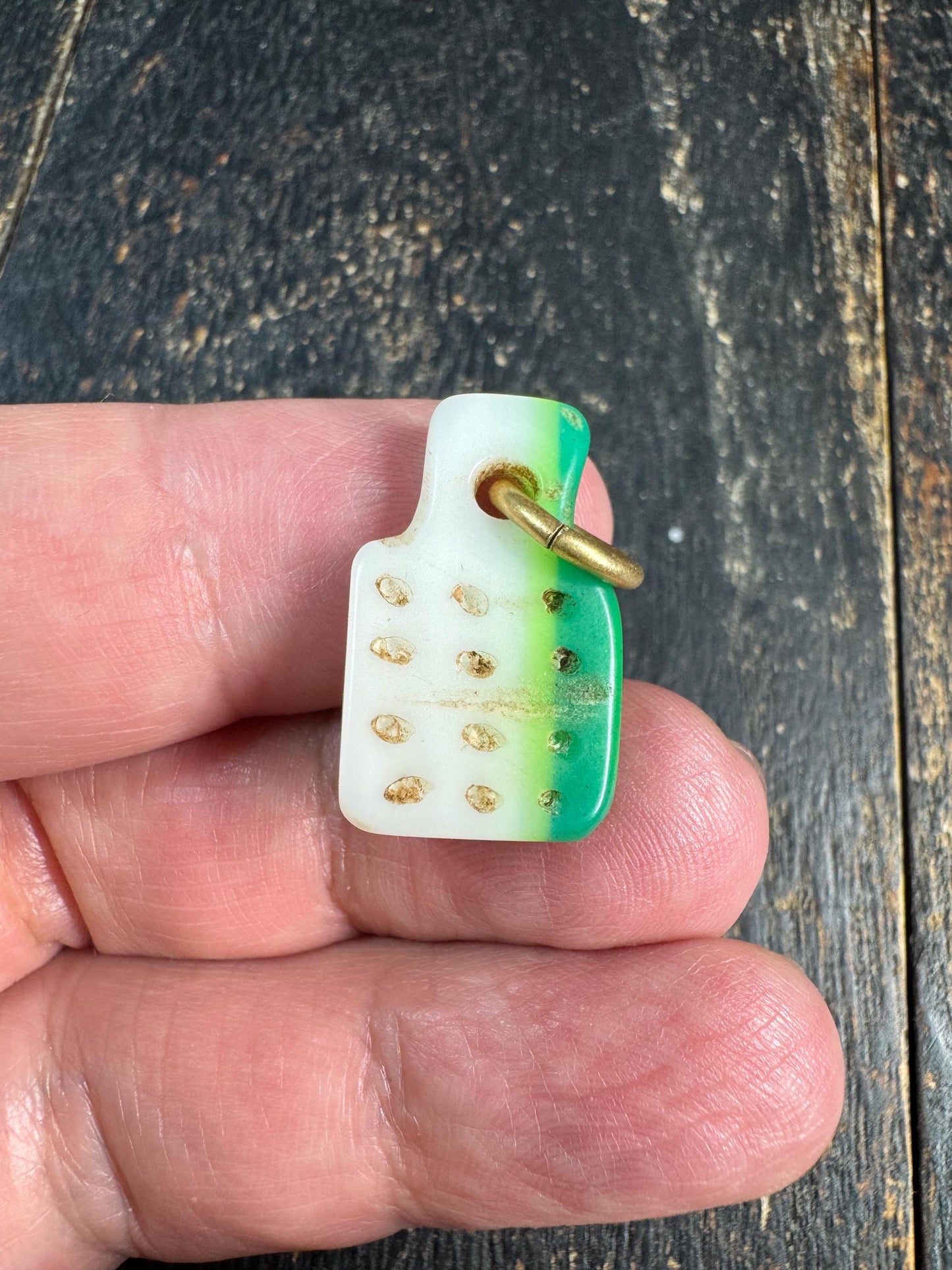Vintage Mahjong Tile Pendant, Green Fade Upcycled Mahjong Charm, Rustic Asian Folk Amulet, Unique Handcrafted Jewelry