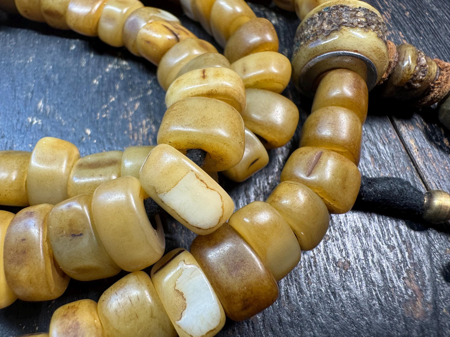 108 Camel Tooth Mala with Yak Bone Skull Guru Bead & Copper Accents | 13mm Tibetan Cemetery Style Bone Prayer Beads