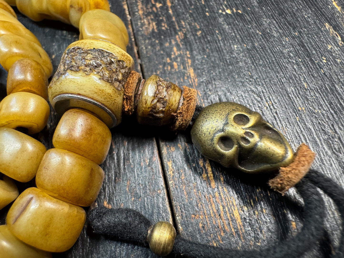 108 Camel Tooth Mala with Yak Bone Skull Guru Bead & Copper Accents | 13mm Tibetan Cemetery Style Bone Prayer Beads