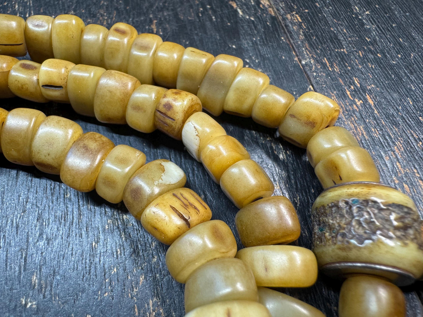 108 Camel Tooth Mala with Yak Bone Skull Guru Bead & Copper Accents | 13mm Tibetan Cemetery Style Bone Prayer Beads
