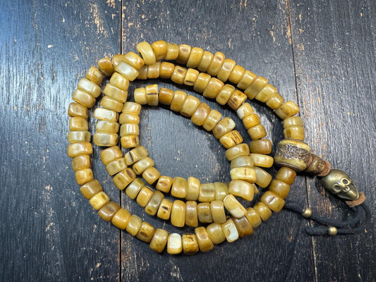 108 Camel Tooth Mala with Yak Bone Skull Guru Bead & Copper Accents | 13mm Tibetan Cemetery Style Bone Prayer Beads