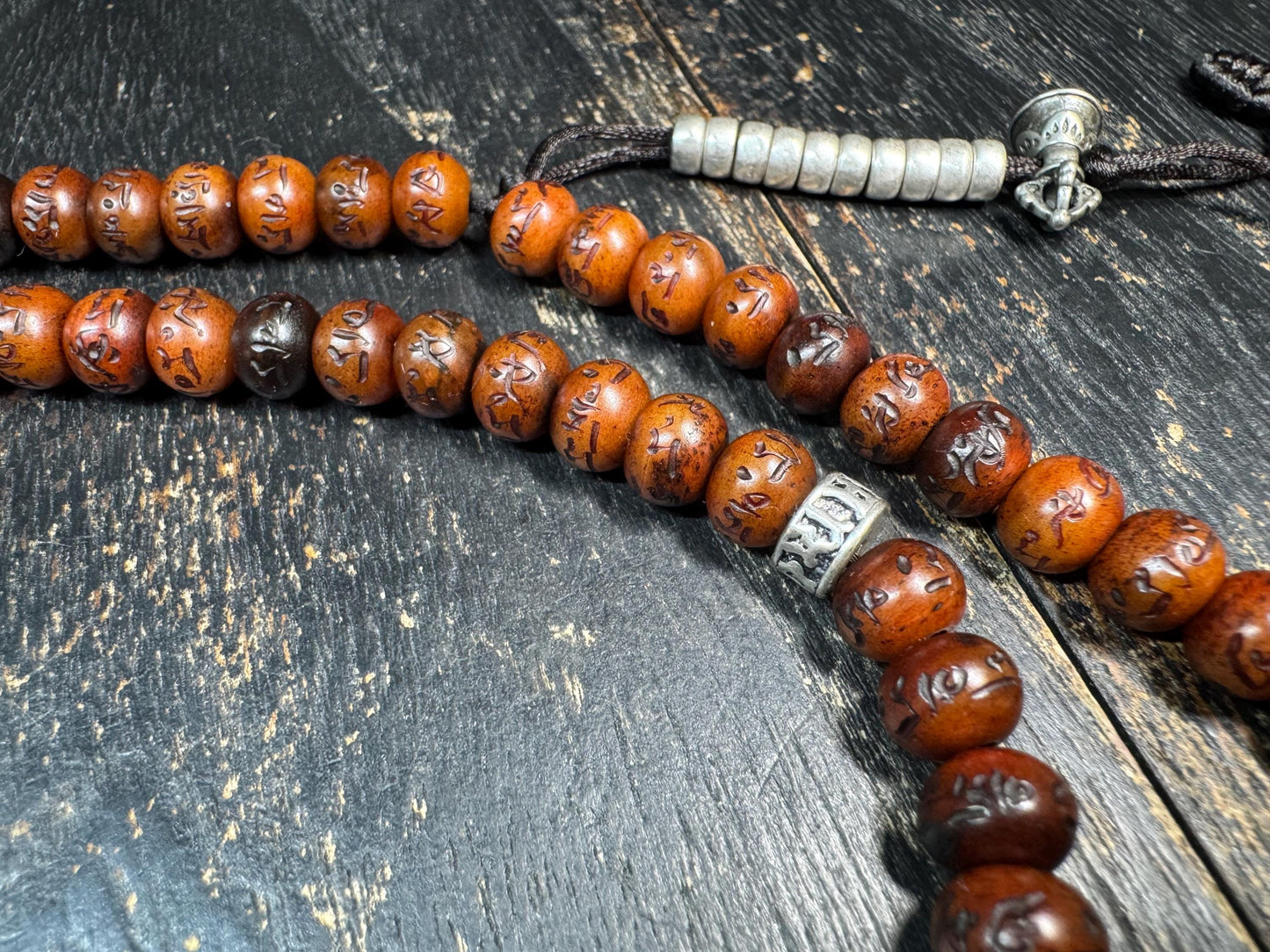 Yak Bone Mala Necklace 28” – Hand Carved Mantra Beads – Brass Guru Bead – Pair of Mala Counters – Tibetan Buddhist Prayer Beads – Adjustable