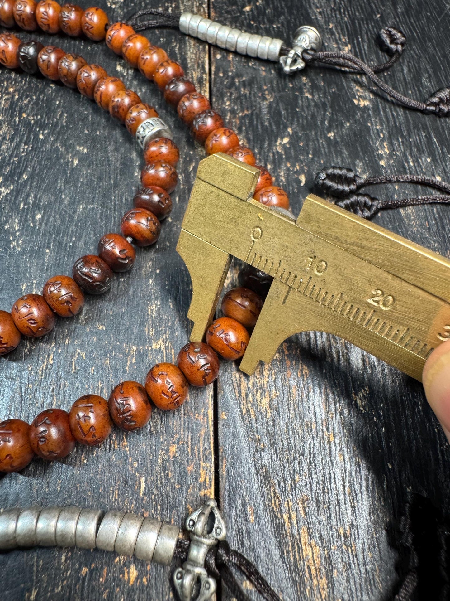 Yak Bone Mala Necklace 28” – Hand Carved Mantra Beads – Brass Guru Bead – Pair of Mala Counters – Tibetan Buddhist Prayer Beads – Adjustable