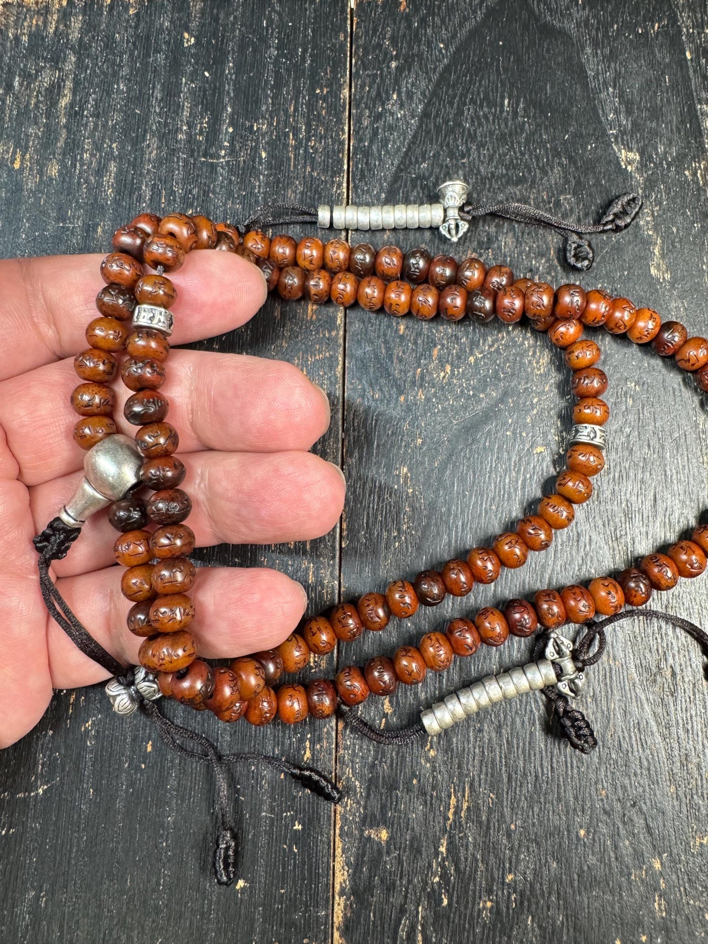 Yak Bone Mala Necklace 28” – Hand Carved Mantra Beads – Brass Guru Bead – Pair of Mala Counters – Tibetan Buddhist Prayer Beads – Adjustable