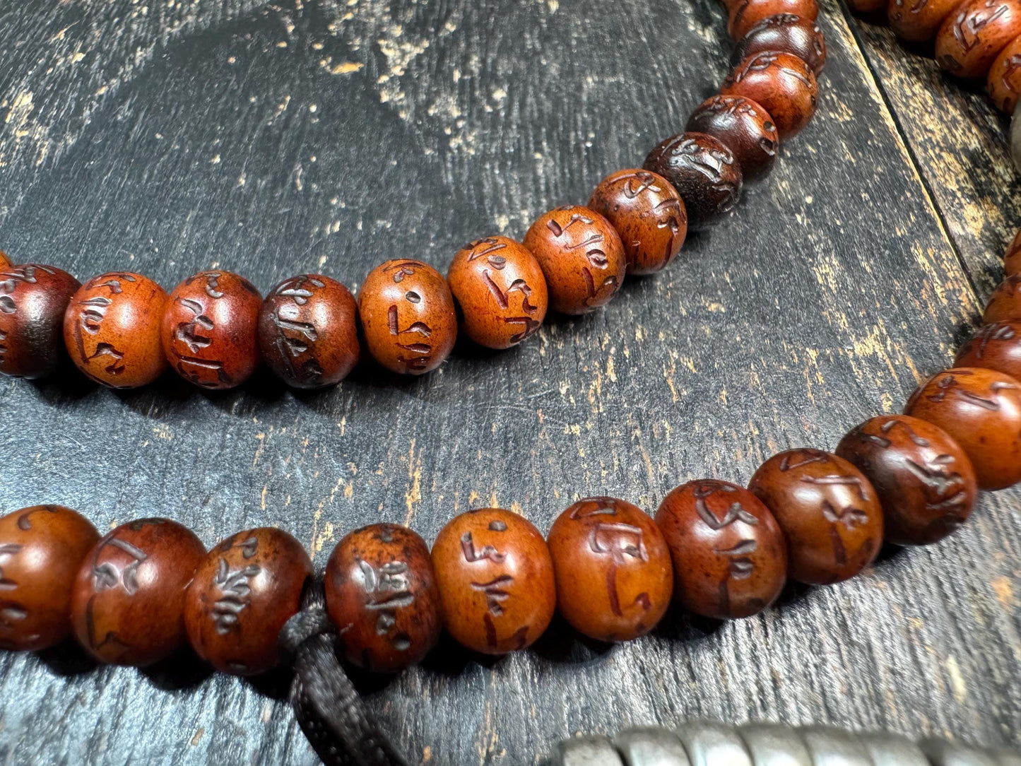 Yak Bone Mala Necklace 28” – Hand Carved Mantra Beads – Brass Guru Bead – Pair of Mala Counters – Tibetan Buddhist Prayer Beads – Adjustable