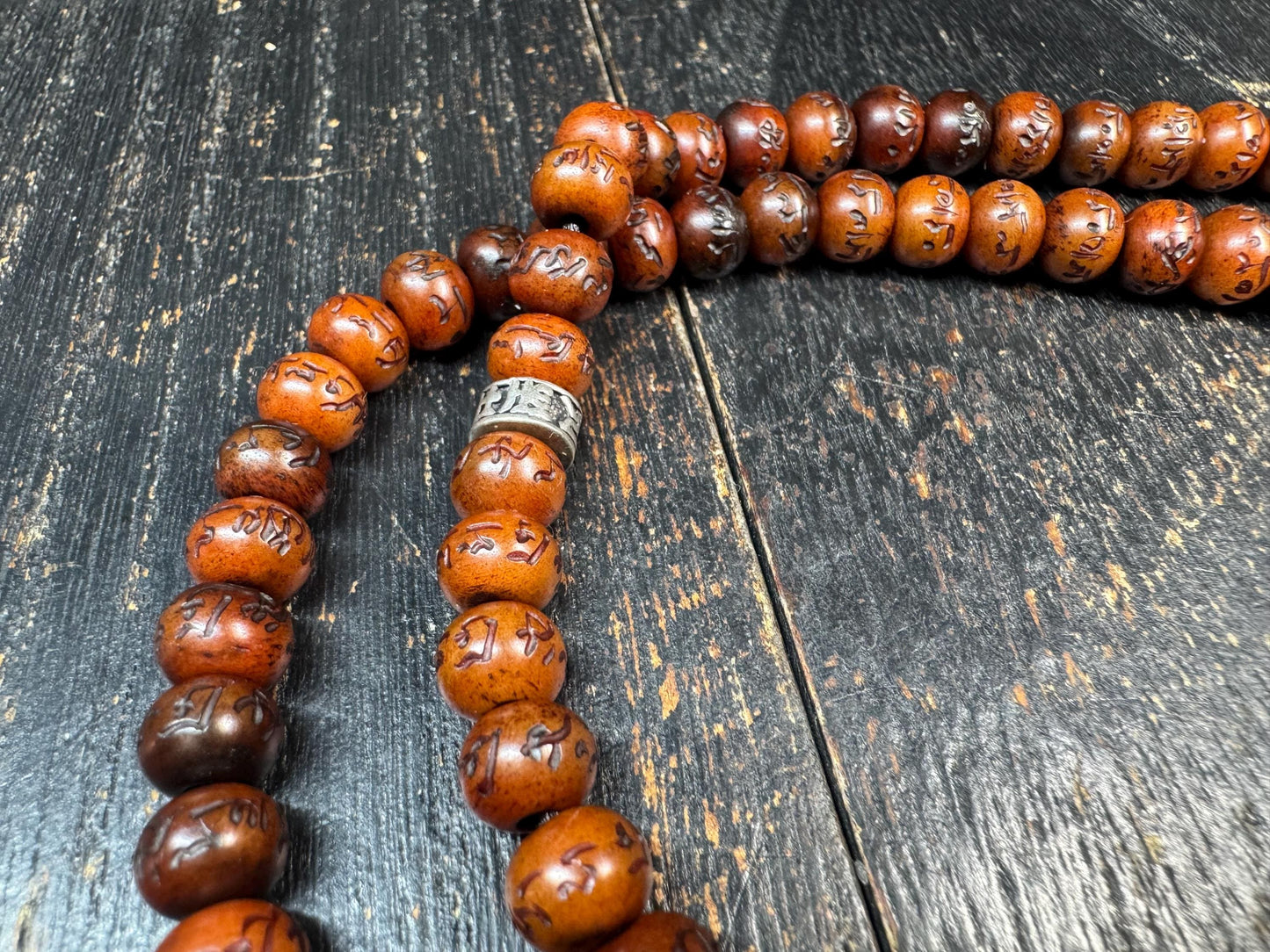 Yak Bone Mala Necklace 28” – Hand Carved Mantra Beads – Brass Guru Bead – Pair of Mala Counters – Tibetan Buddhist Prayer Beads – Adjustable