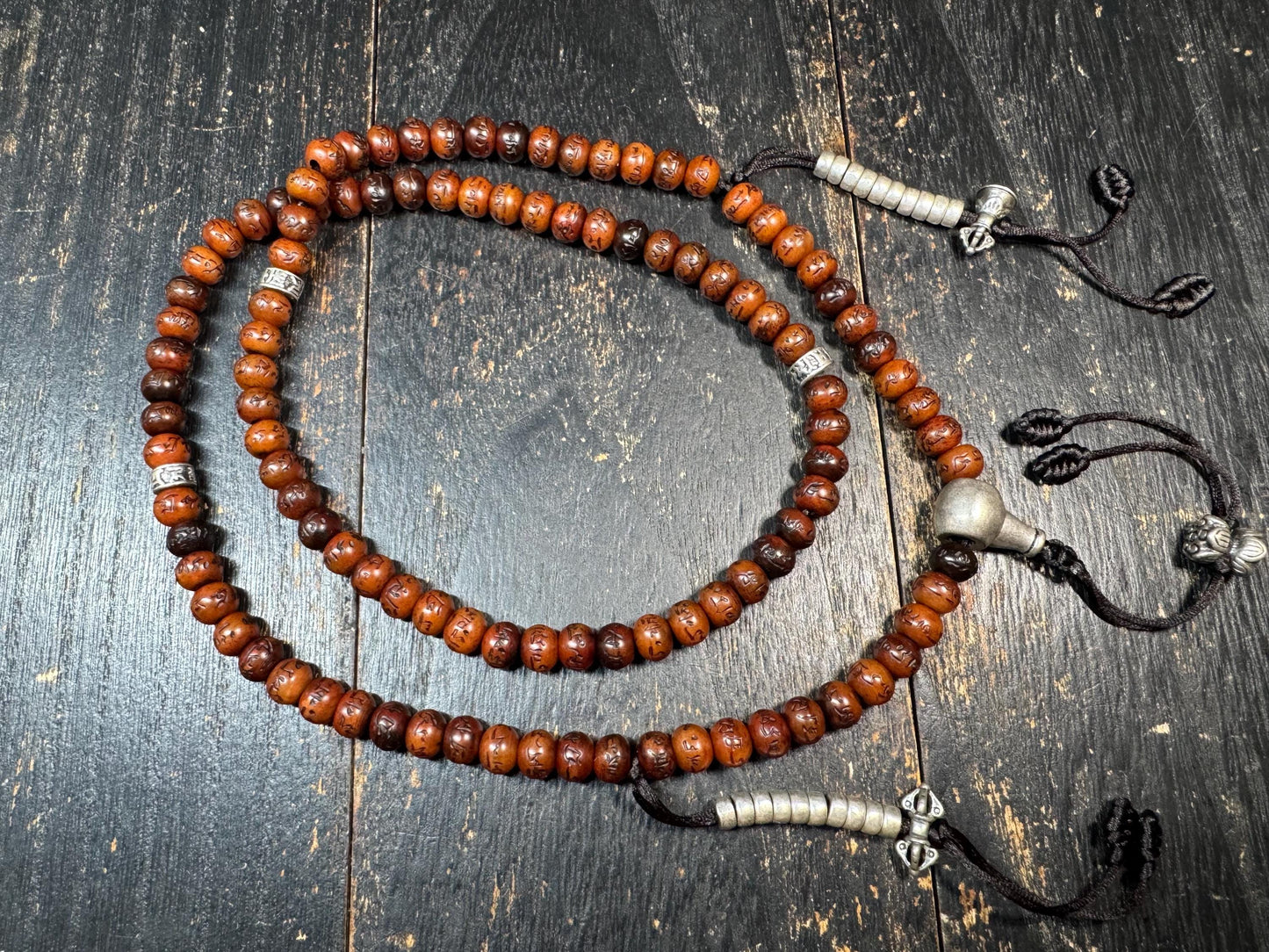 Yak Bone Mala Necklace 28” – Hand Carved Mantra Beads – Brass Guru Bead – Pair of Mala Counters – Tibetan Buddhist Prayer Beads – Adjustable