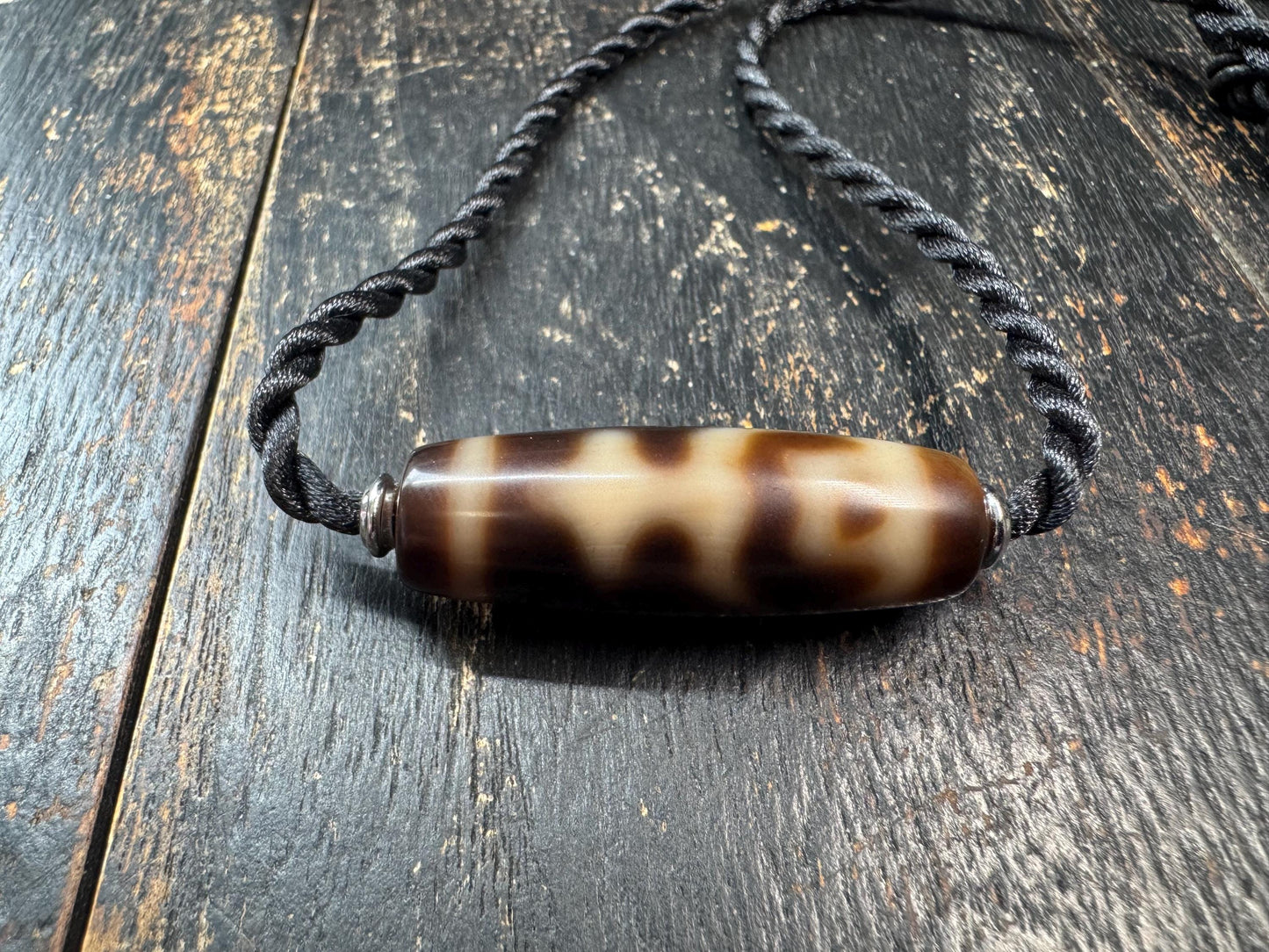 Treasure Vase Dzi Bead Necklace | Tibetan Agate Amulet Pendant | Himalayan Style Adjustable Cord Necklace