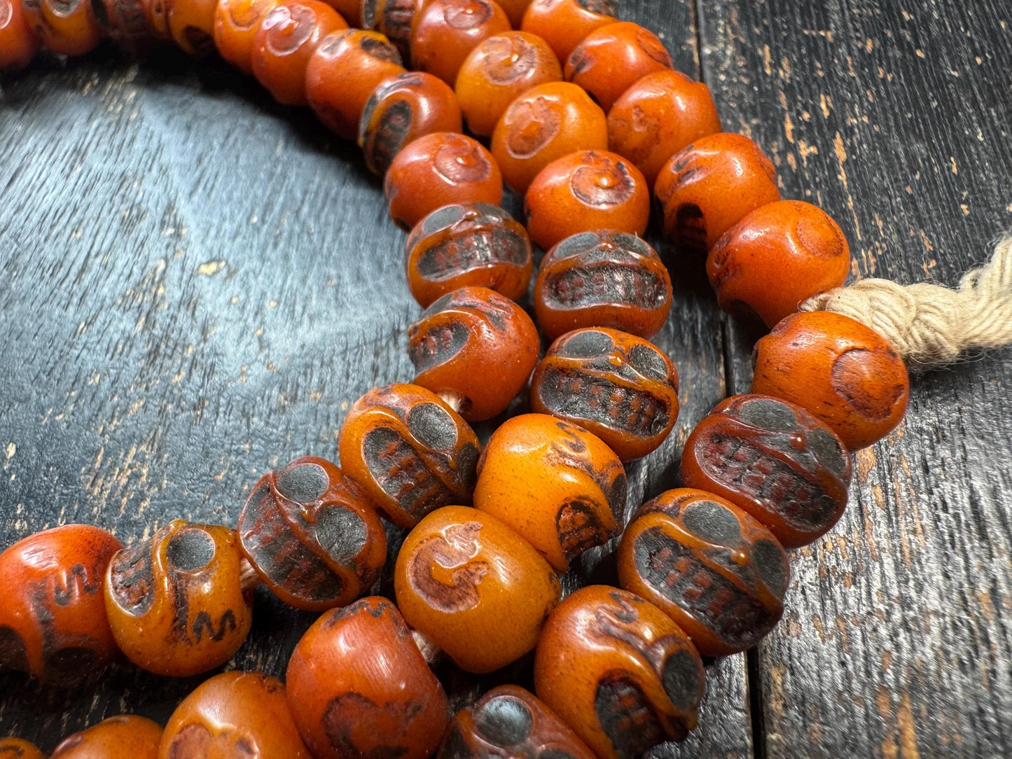 Vintage Tibetan Skull Bead Mala Necklace – 108 Beads – Hand Carved Resin Prayer Mala – 33 Inches – Himalayan Buddhist Meditation Necklace