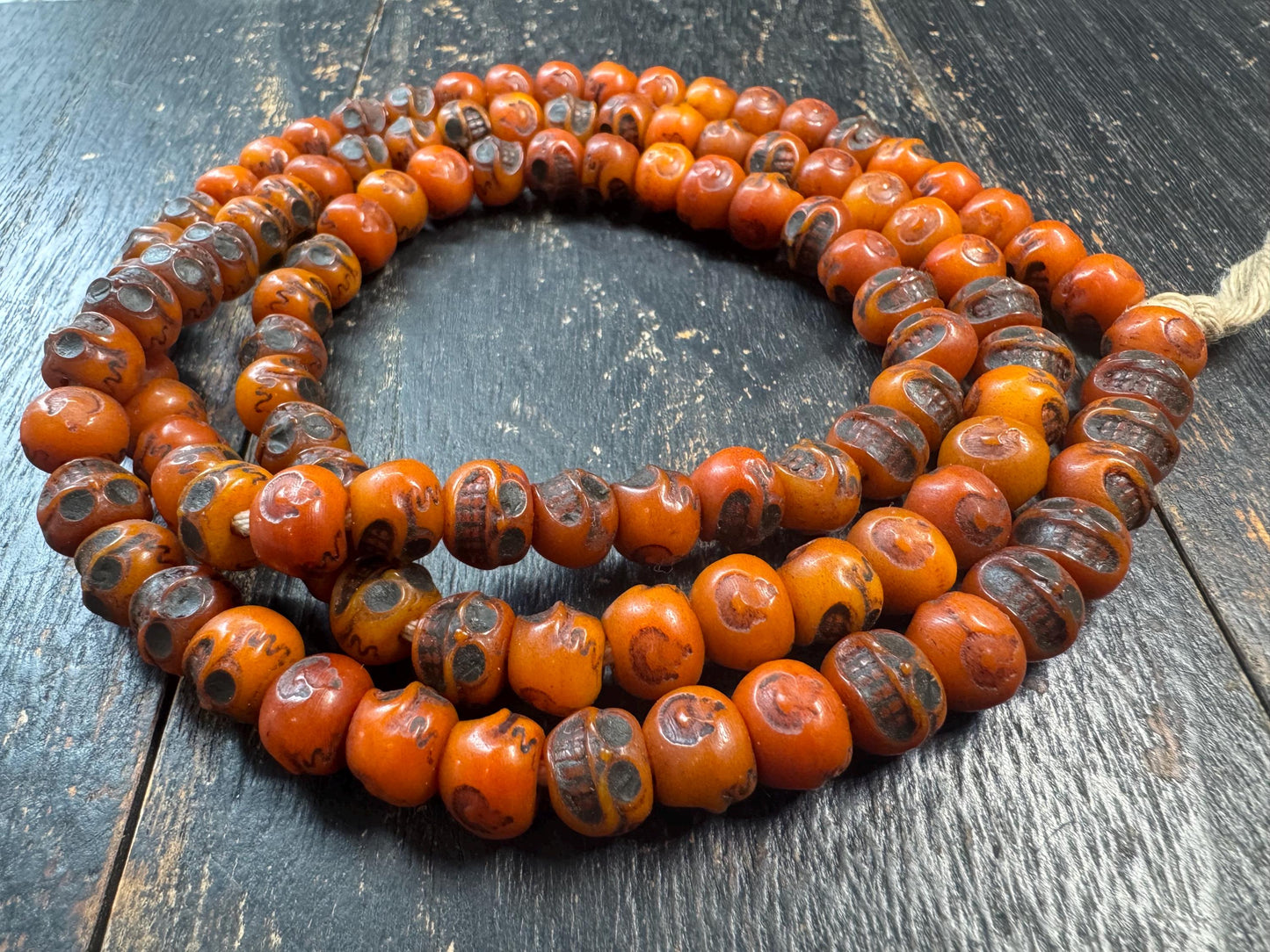 Vintage Tibetan Skull Bead Mala Necklace – 108 Beads – Hand Carved Resin Prayer Mala – 33 Inches – Himalayan Buddhist Meditation Necklace
