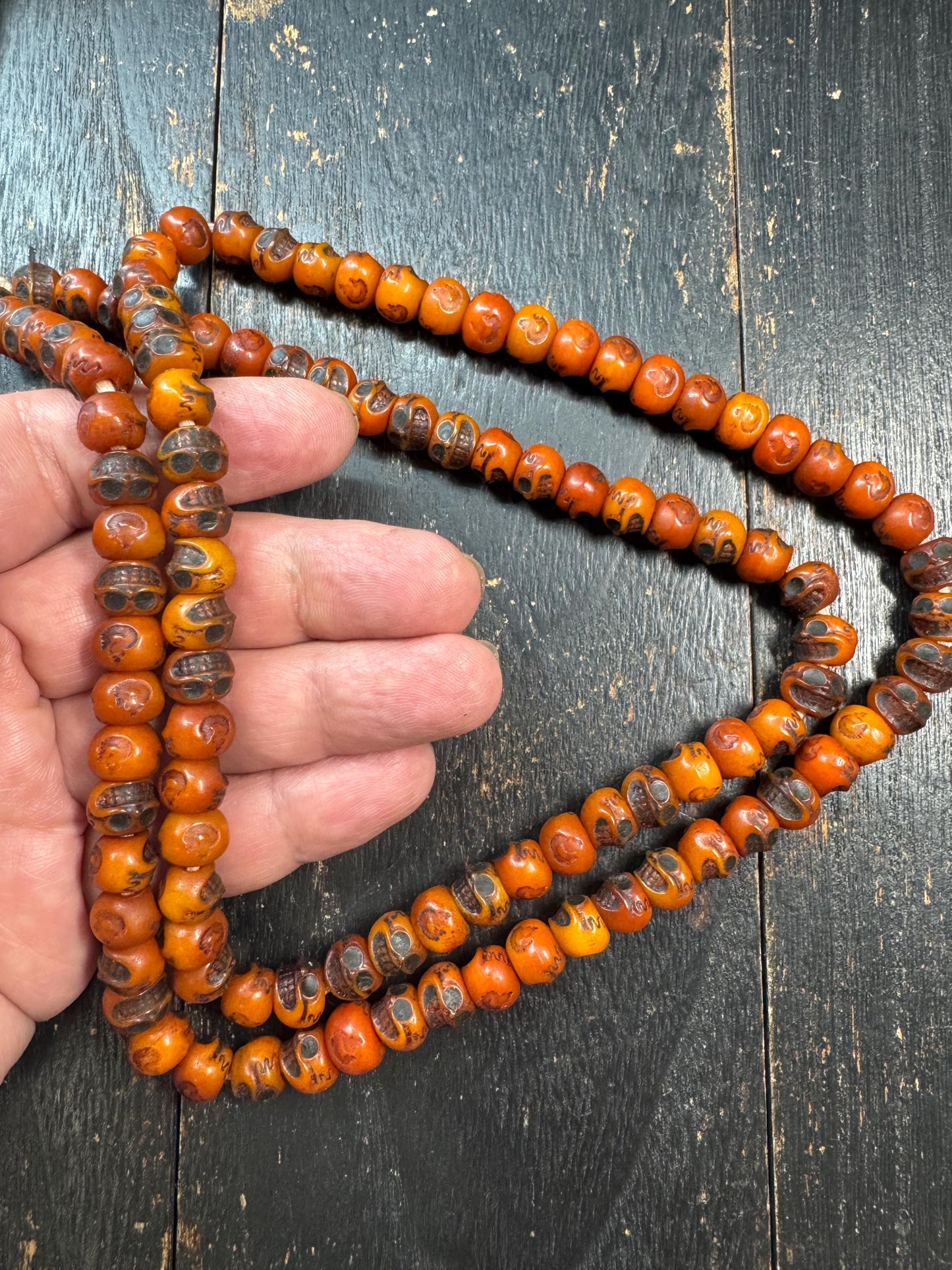 Vintage Tibetan Skull Bead Mala Necklace – 108 Beads – Hand Carved Resin Prayer Mala – 33 Inches – Himalayan Buddhist Meditation Necklace