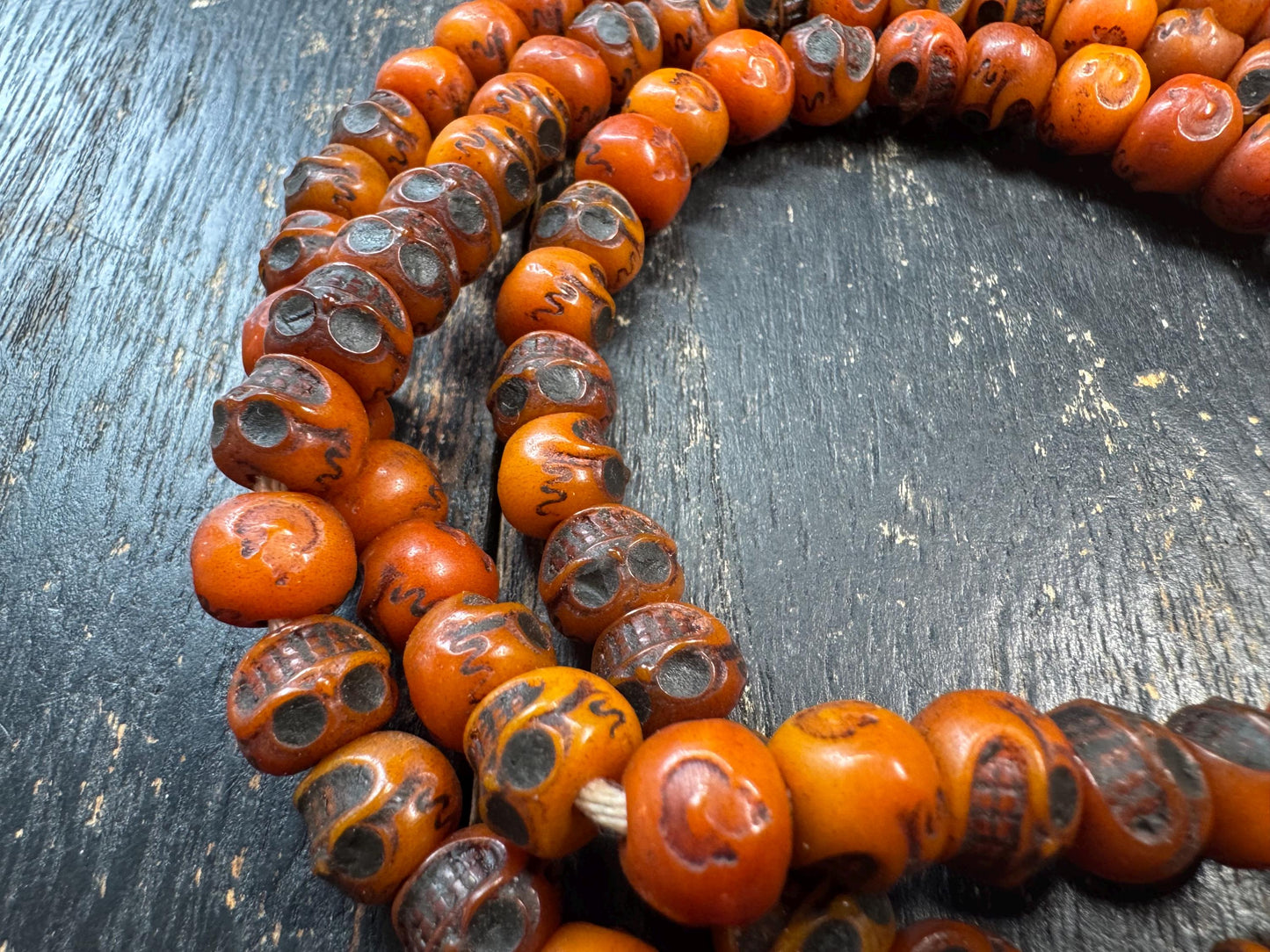 Vintage Tibetan Skull Bead Mala Necklace – 108 Beads – Hand Carved Resin Prayer Mala – 33 Inches – Himalayan Buddhist Meditation Necklace