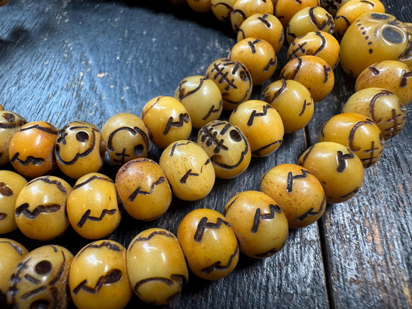 Vintage Skull Bead Mala Necklace – 108 Beads – Hand Carved Bone Style Prayer Mala – 32 Inches – Himalayan Gothic Meditation Necklace