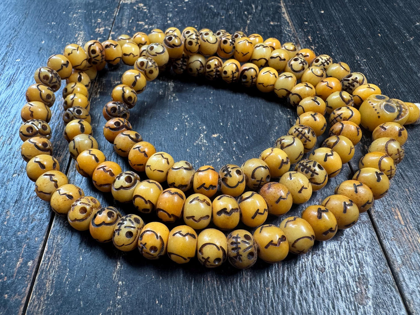 Vintage Skull Bead Mala Necklace – 108 Beads – Hand Carved Bone Style Prayer Mala – 32 Inches – Himalayan Gothic Meditation Necklace