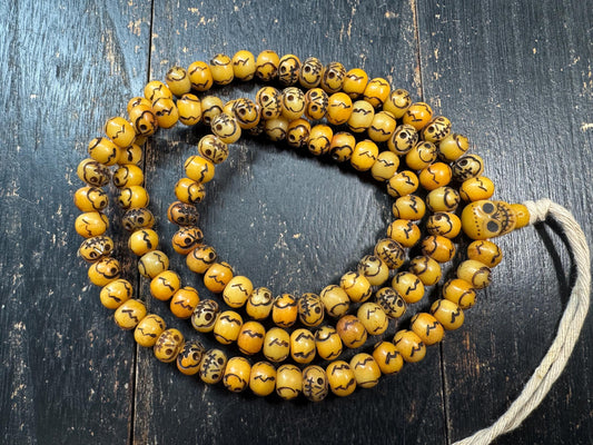 Vintage Skull Bead Mala Necklace – 108 Beads – Hand Carved Bone Style Prayer Mala – 32 Inches – Himalayan Gothic Meditation Necklace
