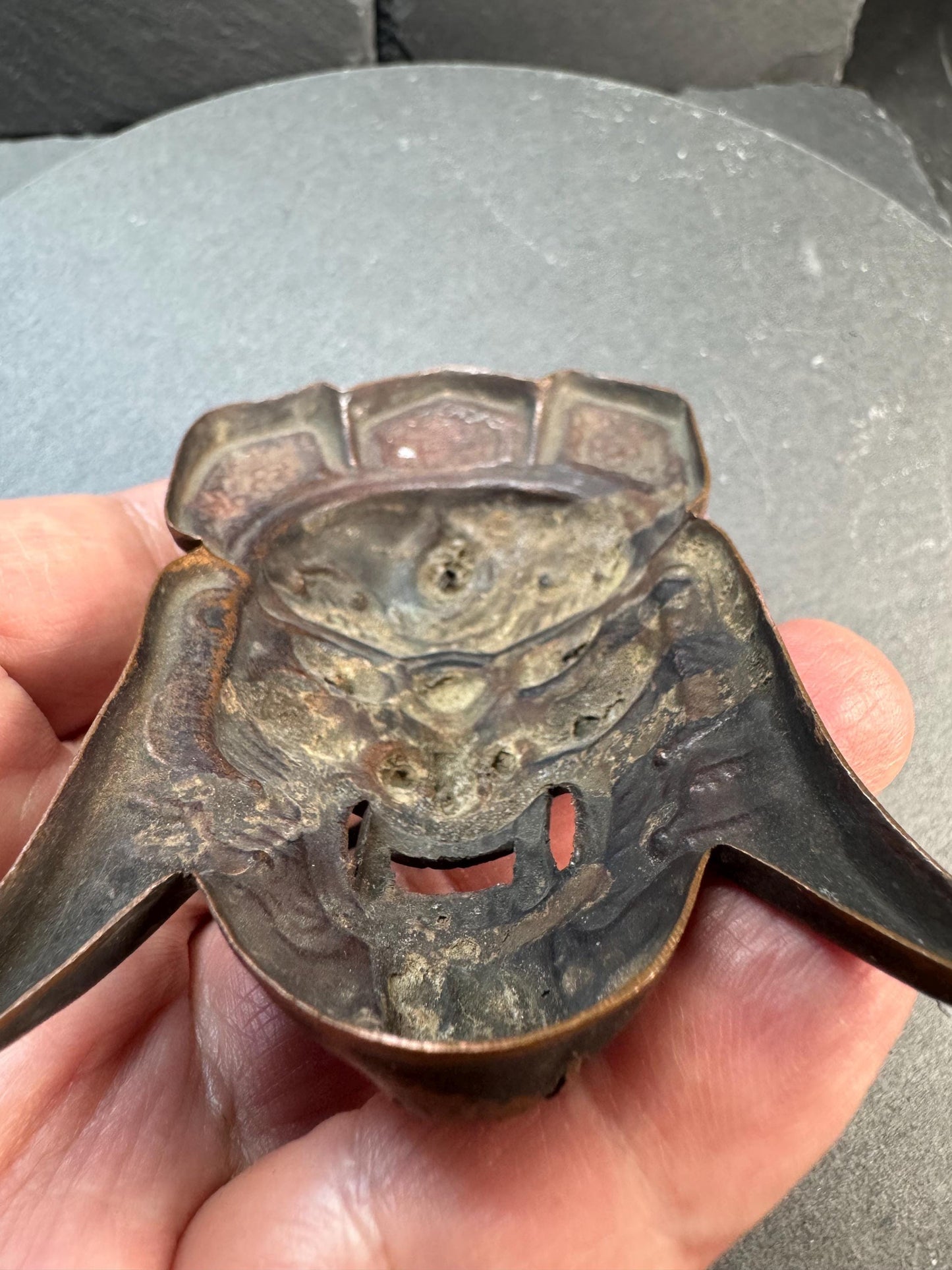 Vintage Brass Guardian Mask Pendant | Wrathful Deity Face Amulet | Tibetan Himalayan Ritual Style Wall Ornament | Taotie Beast Mask