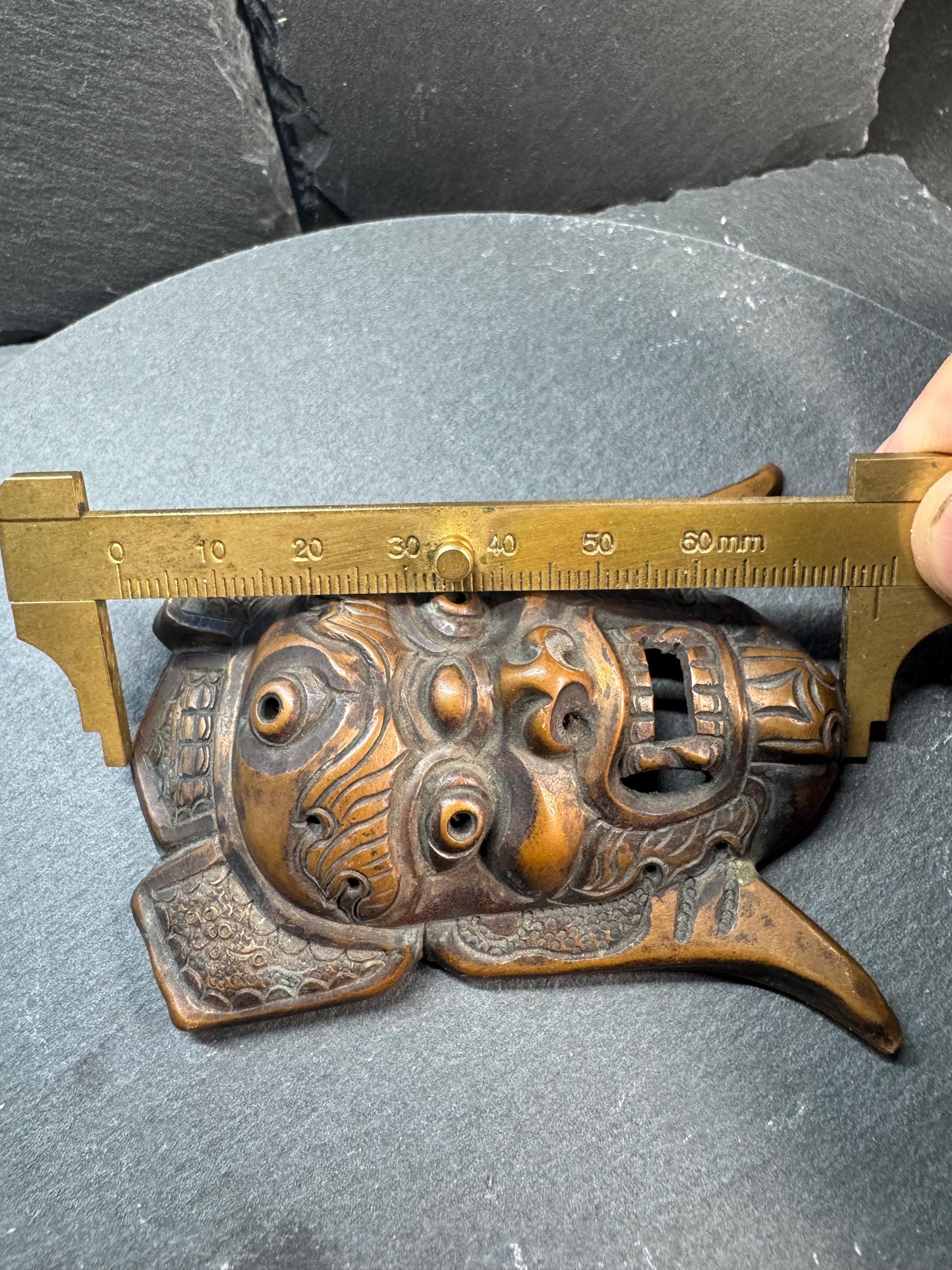 Vintage Brass Guardian Mask Pendant | Wrathful Deity Face Amulet | Tibetan Himalayan Ritual Style Wall Ornament | Taotie Beast Mask