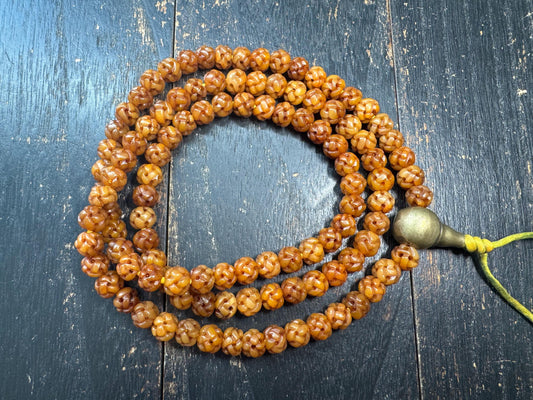 Vintage Nepal Tibetan Yak Bone 108 Mala Necklace | Hand Carved Hollow Round Prayer Beads | Himalayan Meditation Mala
