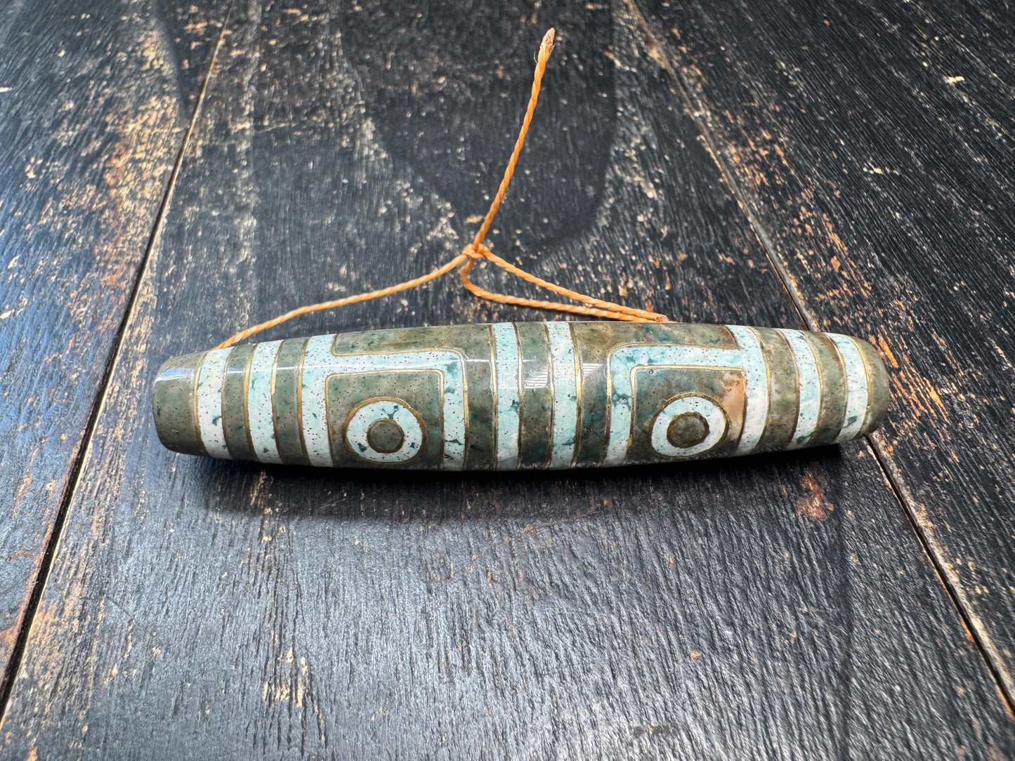 Vintage Four Eye Dzi Bead Pendant | Tibetan Agate Style Barrel Bead | Ethnic Spiritual Amulet | Statement Bead Necklace Supply