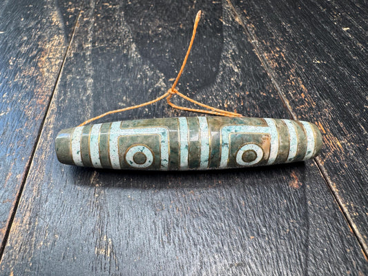 Vintage Four Eye Dzi Bead Pendant | Tibetan Agate Style Barrel Bead | Ethnic Spiritual Amulet | Statement Bead Necklace Supply