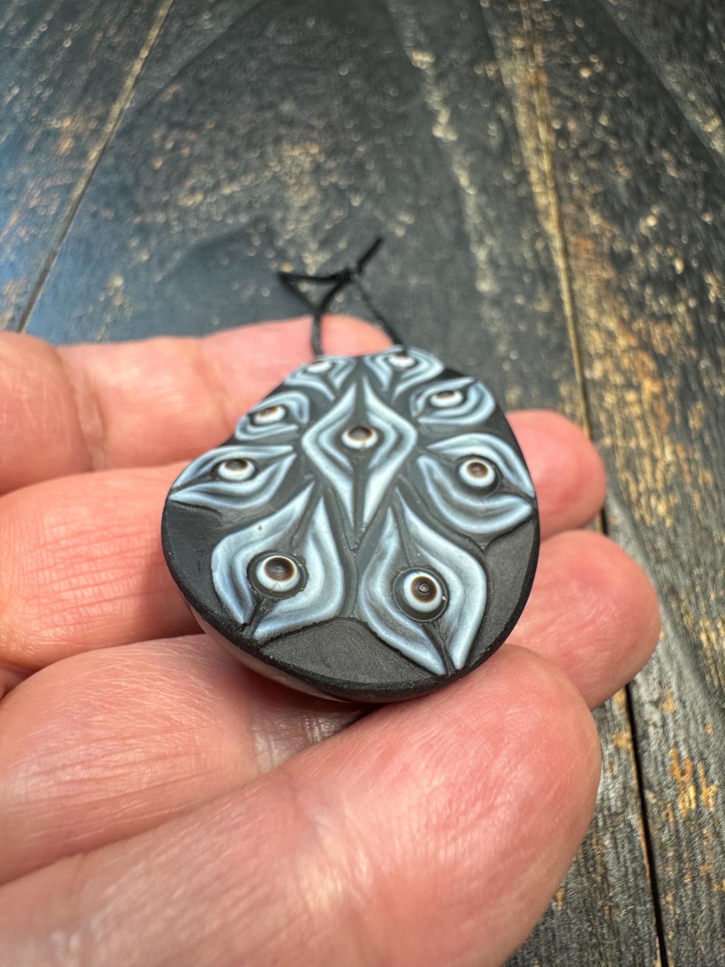 Rare Hand-Carved 9 Eye Dzi Agate Pendant | Tibetan Style Silkworm Pattern Bead Amulet | Black & Grey Ethnic Necklace Pendant