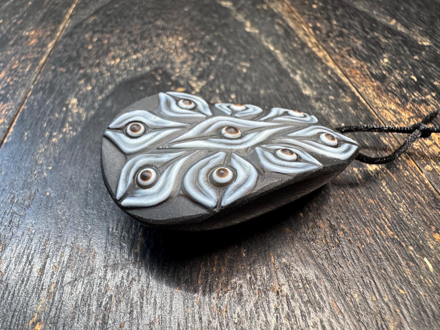 Rare Hand-Carved 9 Eye Dzi Agate Pendant | Tibetan Style Silkworm Pattern Bead Amulet | Black & Grey Ethnic Necklace Pendant
