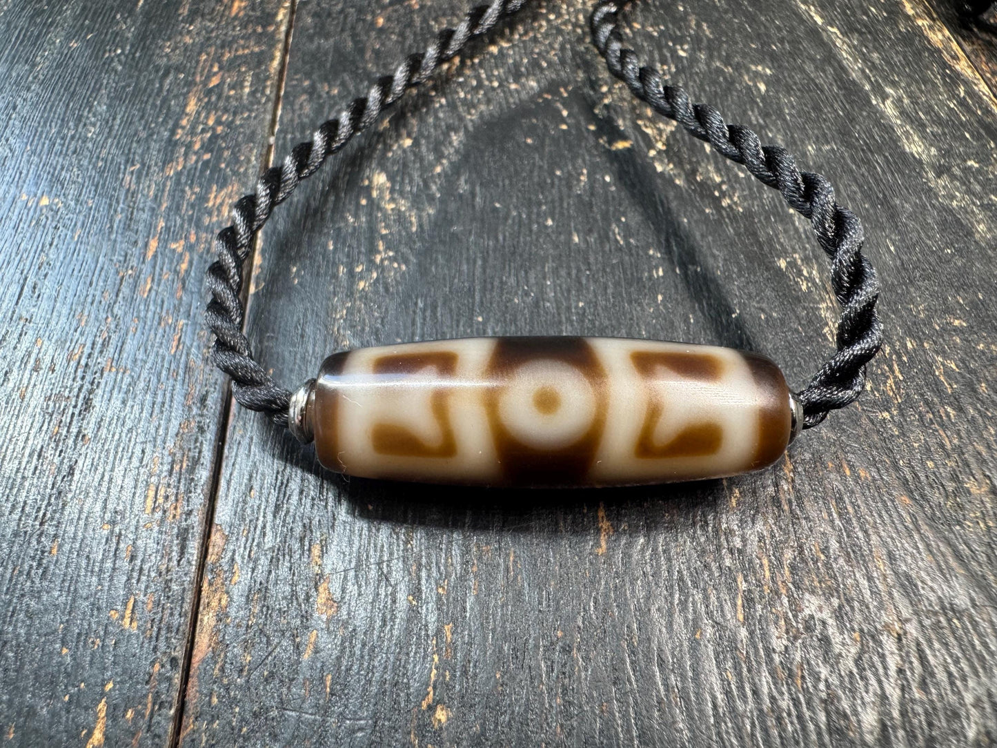 Heaven & Earth Dzi Bead Necklace | Etched Agate Tibetan Style Pendant | Brown White Dzi Amulet | Adjustable Cord Necklace