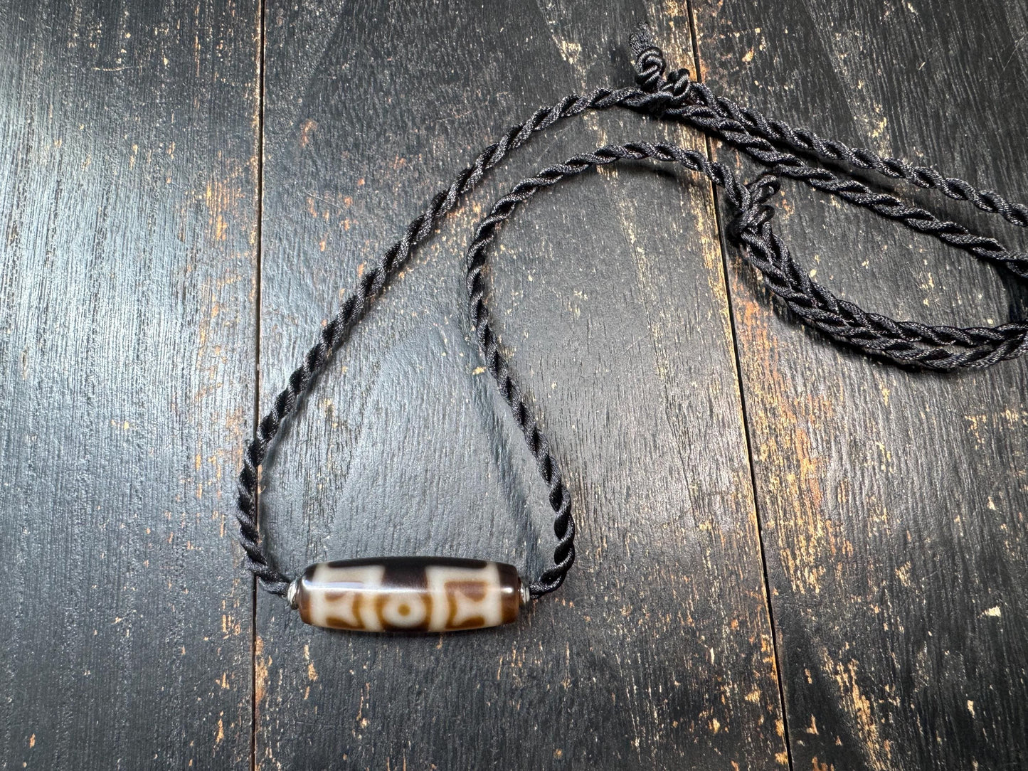 Heaven & Earth Dzi Bead Necklace | Etched Agate Tibetan Style Pendant | Brown White Dzi Amulet | Adjustable Cord Necklace