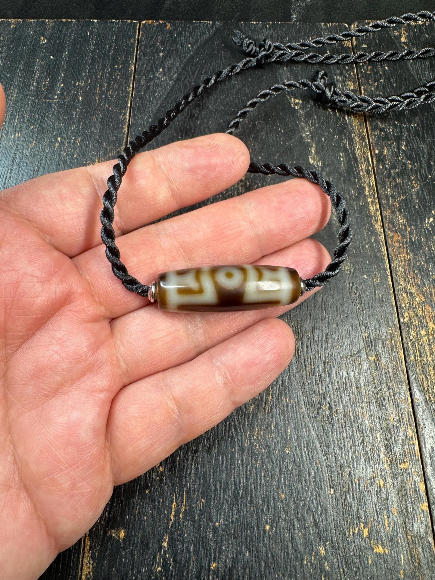 Heaven & Earth Dzi Bead Necklace | Etched Agate Tibetan Style Pendant | Brown White Dzi Amulet | Adjustable Cord Necklace
