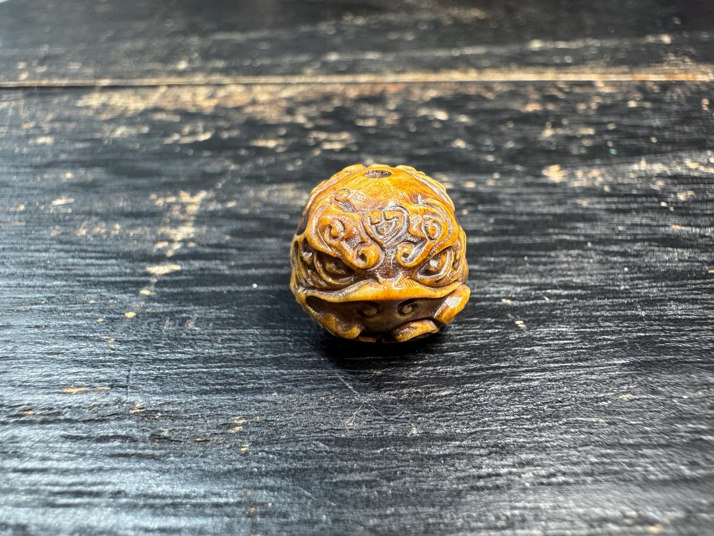 Vintage Yak Bone Three-Legged Toad Guru Bead | Hand-Carved Fortune Frog Mala Bead | Himalayan Style Carved Bone Spacer Bead