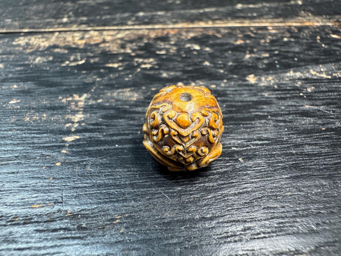 Vintage Yak Bone Three-Legged Toad Guru Bead | Hand-Carved Fortune Frog Mala Bead | Himalayan Style Carved Bone Spacer Bead