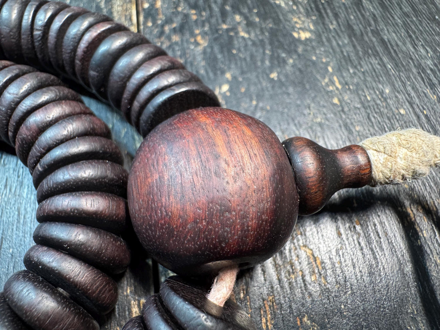 Vintage Large Bead Zitan Wood Mala Necklace – 108 Beads Buddhist Prayer Mala – Dark Patina Disc Beads Meditation Necklace – 18-19 Inches