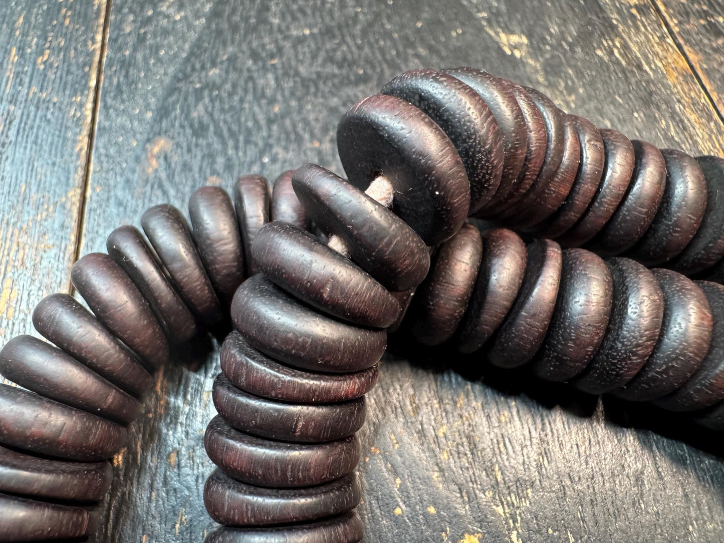Vintage Large Bead Zitan Wood Mala Necklace – 108 Beads Buddhist Prayer Mala – Dark Patina Disc Beads Meditation Necklace – 18-19 Inches