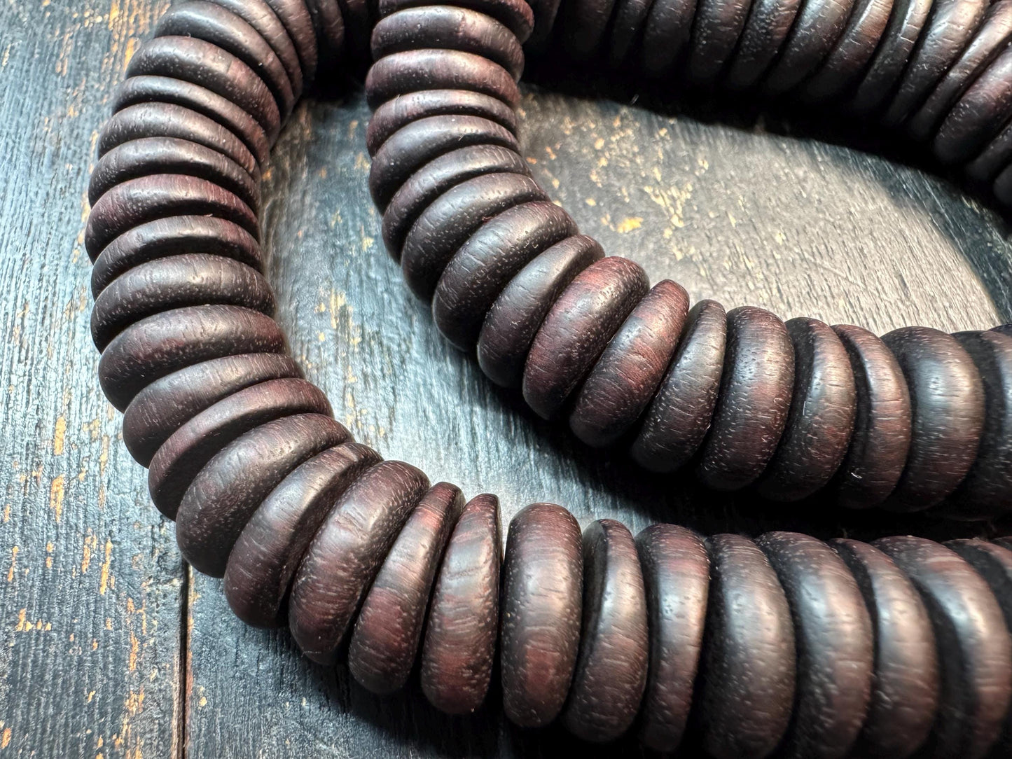 Vintage Large Bead Zitan Wood Mala Necklace – 108 Beads Buddhist Prayer Mala – Dark Patina Disc Beads Meditation Necklace – 18-19 Inches